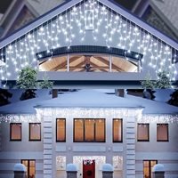 Instalatie Solara Craciun Turturi, IP44, 5 m, 143 Led-uri, Perdea Franjurata, Alb rece, 8 jocuri de lumini, cu Telecomanda, 31V, 250 mAh, Acumulator de 1200 mAh, Exterior, Prelungitor 3 m inclus, Fir Transparent, Flippy