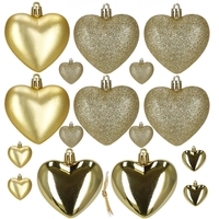 Set globuri decorative in forma de inima, 16 bucati, plastic, 4-7 cm, auriu