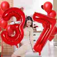 Balon din Folie Metalizata Flippy, Figurina Cifra, Tema Aniversare 80 cm, Ambalaj Individual, Pai inclus, Umflare cu Aer sau Heliu, Rosu, Cifra 3