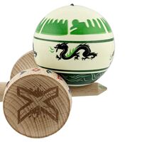 Kendama X Originala, Profesionala, Flippy, DRAGON Series, Super Sticky cu Cupe Mari King Size V3, Rulment Metalic si Gaura in Baza, din Lemn 18 cm, Ata 62/65 cm, Verde deschis/Negru