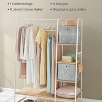 VASAGLE Raft pentru haine cu suport pentru pantofi, 5 polite, 6 carlige laterale, 45x120x160cm, alb
