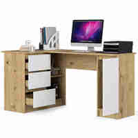 Birou colt stanga in L cu 3 sertare si rafturi, PAL laminat 16 mm, 155x85x77 cm, stejar artisan si alb