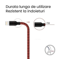 Cablu de Date pentru Telefon, Flippy, Cablu USB spre Lightning Compatibil cu iPhone, Lungime 2 M, Impletit Triunghiular in 2 culori, Rosu Negru