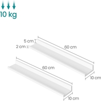 SONGMICS Set 2 rafturi plutitoare suspendate perete cu finisaj lucios, MDF, 60x10x5 cm, alb