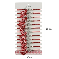 Martisor Bratara cu Ciucure pentru Dama, Jolie, Model Trifoi Contur cu Buburuza, Set 12 bucati, Pandativ din Inox cu Pietre, Snur Reglabil, Rosu/Alb