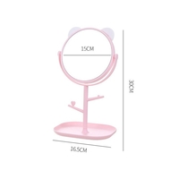 Oglina Cosmetica cu Picior, Flippy, HD, Rotire 360 Grade, 15 cm Diametru, Suport Bijuterii Baza + Brate, Model cu Urechi, 30 x 16.5 x 15 cm, Roz