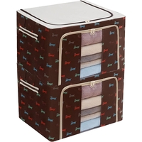 Cutie de Depozitare Pliabila, Flippy, cu Fermoar, 100 L, Textil, 60x42x40 cm, O Fereastra, Cadru Metalic, Suport Baza Stabil din Plastic, Imprimeu Catelusi, Maro