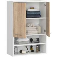 Dulap baie suspendat, cu 2 usi si 2 rafturi deschise, PAL 16 mm, 64x30x94 cm, alb si stejar sonoma