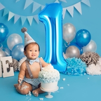 Balon din Folie Metalizata, Flippy, Figurina Cifra, Tema Aniversare 100 cm, Ambalaj Individual, Pai inclus, Umflare cu Aer sau Heliu, Albastru, Cifra 1