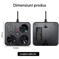 Prelungitor Multifunctional pentru Birou, Vafy, 3 Prize, 2 USB-A, 2 TYPE-C, Suport pentru Telefon, 3250W, Lungime Cablu 2 m, 11.4 x 12.4 cm, Negru