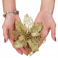 Set 10 ornamente pentru bradul de Craciun, stea Poinsettia, 16cm, galben auriu
