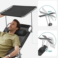SONGMICS Sezlong pliabil, cu parasolar si tetiera, spatar reglabil in 4 pozitii, maxim 150kg, 200x71x38cm, negru
