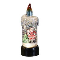 Decoratiune de Craciun tip Lumanare, Flippy, Lumanare de Cristal cu Fulgi de Zapada, Model Mos Craciun cu Sclipici, Iluminare LED, 13 x 5 x 5 cm, Baza Vintage Bronze, Transparent