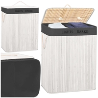 Cos pentru rufe din bambus, pliabil, cu 2 compartimente, volum 105 L, 63x52x33 cm, alb si gri inchis
