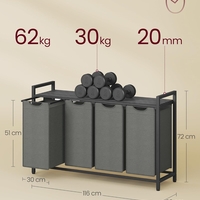 VASAGLE Cos rufe 4x40L, saci detasabili, raft superior si cadru metalic, 116x33x72 cm, negru si gri