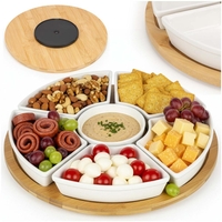Set servire rotativ cu platou din bambus si 6 boluri din portelan, 30 cm, maro natur si alb