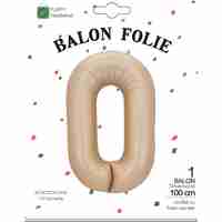 Balon din Folie Metalizata, Flippy, Model Cifra 0, 100 cm, Ambalaj Individual, Pai Inclus, Crem