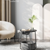 VASAGLE Masuta de cafea rotunda cu cos de stofa, statie de incarcare 2 prize si 2 USB, 45x50cm, negru