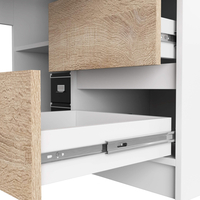 Birou colt dreapta in L cu 3 sertare si rafturi, PAL laminat 16 mm, 155x85x77 cm, alb si stejar sonoma