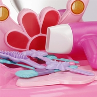 Masa toaleta pentru copii, cu taburet, 19 accesorii joaca, din plastic, 37x20x60 cm, roz