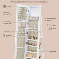 SONGMICS Oglinda de podea cu suport rotativ la 360°, cu spatiu de depozitare, material MDF, 55x55x162 cm, alb
