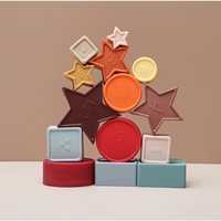 Jucarie Educativa, Flippy, +12 Luni, Tip Montessori, din Lemn si Silicon, Forme Geometrice Stivuibile, 15 Piese, 27 x 19 cm, Multicolor