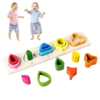 Jucarie Montessori din Lemn, Flippy, Tip Puzzle, cu 5 Forme Asimetrice, 15 Piese, Educativa, Interactiva, Creativa, Model Copaci, Materiale Non Toxice, +2 Ani, 29x6.5 cm, Multicolor