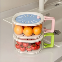 Cos de Scurgere pentru Fructe 2 in 1, Vafy, din Plastic Durabil, Filtru Telescopic, Scurgator de Fructe si Legume, pentru Uz Casnic, 15 x 15 x 8.5 cm, Albastru/Bej