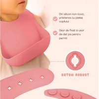 Set 10 Piese Servire Masa. Flippy, pentru Bebelusi si Copii, din Silicon/Lemn, cu Ventuze Anti-alunecare, fara Alergeni. +6 Luni, Model Elefant, Roz