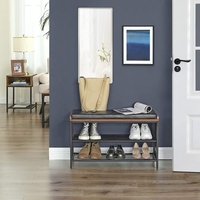 VASAGLE Banca pentru hol, cu raft suport de pantofi, sezut captusit imitatie piele, design industrial, 30x80x48cm, negru cu maro