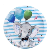 Set 10 Farfurii Unica Folosinta, Flippy, Imprimeu Elefant, din Carton, 17 cm, Albastru