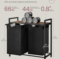 VASAGLE Cos de rufe, 2 compartimente, saci de rufe detasabili, raft, cadru metalic, 2x46L, 73x33x72 cm, maro rustic si negru