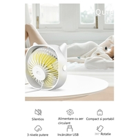 Mini ventilator pentru birou cu usb, Vafy, rotire 360 grade, 3 viteze, 13.5 x 12,8 cm, Alb