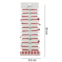 Bratara Martisor pentru Dama, Jolie, Model Inima cu Fluture, Set 12 bucati, Pandativ Argintiu din Inox cu Snur Rosu Ajustabil