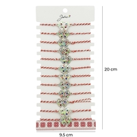 Bratara Martisor pentru Dama, Jolie, Model Fluture Multicolor, Set 12 bucati, Pandativ Argintiu din Inox cu Elemente Multicolore, Snur Alb/Rosu