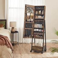SONGMICS Oglinda de podea cu suport mobil pe roti, spatiu de depozitare, 42x37x153 cm, maro rustic