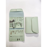 Set 16 Piese de Ingrijire Cosmetica, Flippy, pentru Manichiura, Pedichiura, Fata, Geanta Organizatoare din Piele Ecologica Inclusa, Verde