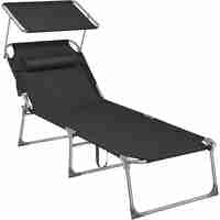 SONGMICS Sezlong pliabil, cu parasolar si tetiera, spatar reglabil in 4 pozitii, maxim 150kg, 200x71x38cm, negru