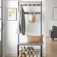 VASAGLE Cuier multifunctional 70x32x175 cm, cu 9 carlige, banca si 2 rafturi pantofi, PAL si otel, gri si negru