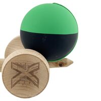 Kendama X Originala, Profesionala, Flippy, Cupe Mari KING SIZE V3, Rubber Grip, Gaura in Baza, Rulment Metalic, din lemn 18 cm, Ata 62/65 cm, Bicolor Verde/Negru