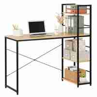 Birou cu blat MDF si rafturi laterale, cadru metalic, 120x48x122 cm, maro deschis