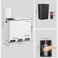SONGMICS Cos de gunoi din inox cu 3 compartimente colectare selectiva, cu galeti interioare, 3x18litri, 62x32x56cm, alb