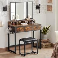 VASAGLE Masuta toaleta 90x40x141 cm, cu 3 sertare, oglinda tripla si taburet, lemn si otel, maro rustic si negru