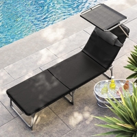 SONGMICS Sezlong pliabil cu saltea, parasolar si tetiera, spatar reglabil 4 pozitii, cadru metalic, 193x53x29 cm, maxim 150 kg, negru