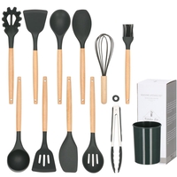 Set Sersimo 12 ustensile de bucatarie din silicon termorezistent si maner din bambus, gri