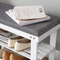 SONGMICS Banca pentru pantofi din bambus, 2 niveluri, cu perna, sarcina 150 kg, 71x29x49 cm, alb si gri