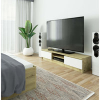 Comoda TV cu 2 usi si rafturi centrale, PAL laminat, 160x40x33 cm, stejar artisan si alb