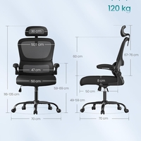 SONGMICS Scaun de birou ergonomic mesh, suport lombar dinamic, tetiera reglabila, brate rabatabile, 70x70x135 cm, negru