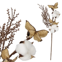 Ramura decorativa Craciun cu bumbac si plante uscate, 37 cm, alb/maro