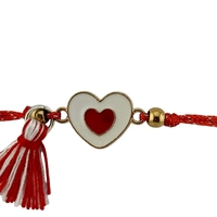 Martisor Bratara cu Ciucure pentru Dama, Jolie, Model Inimi, Set 12 bucati, Pandativ din Inox, Snur Reglabil, Rosu/Alb